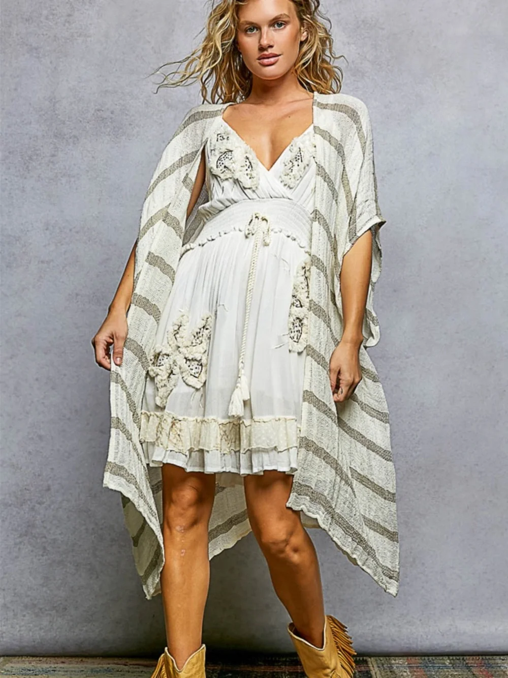 💕POL Boho linen Striped Kimono - Picture 1 of 7